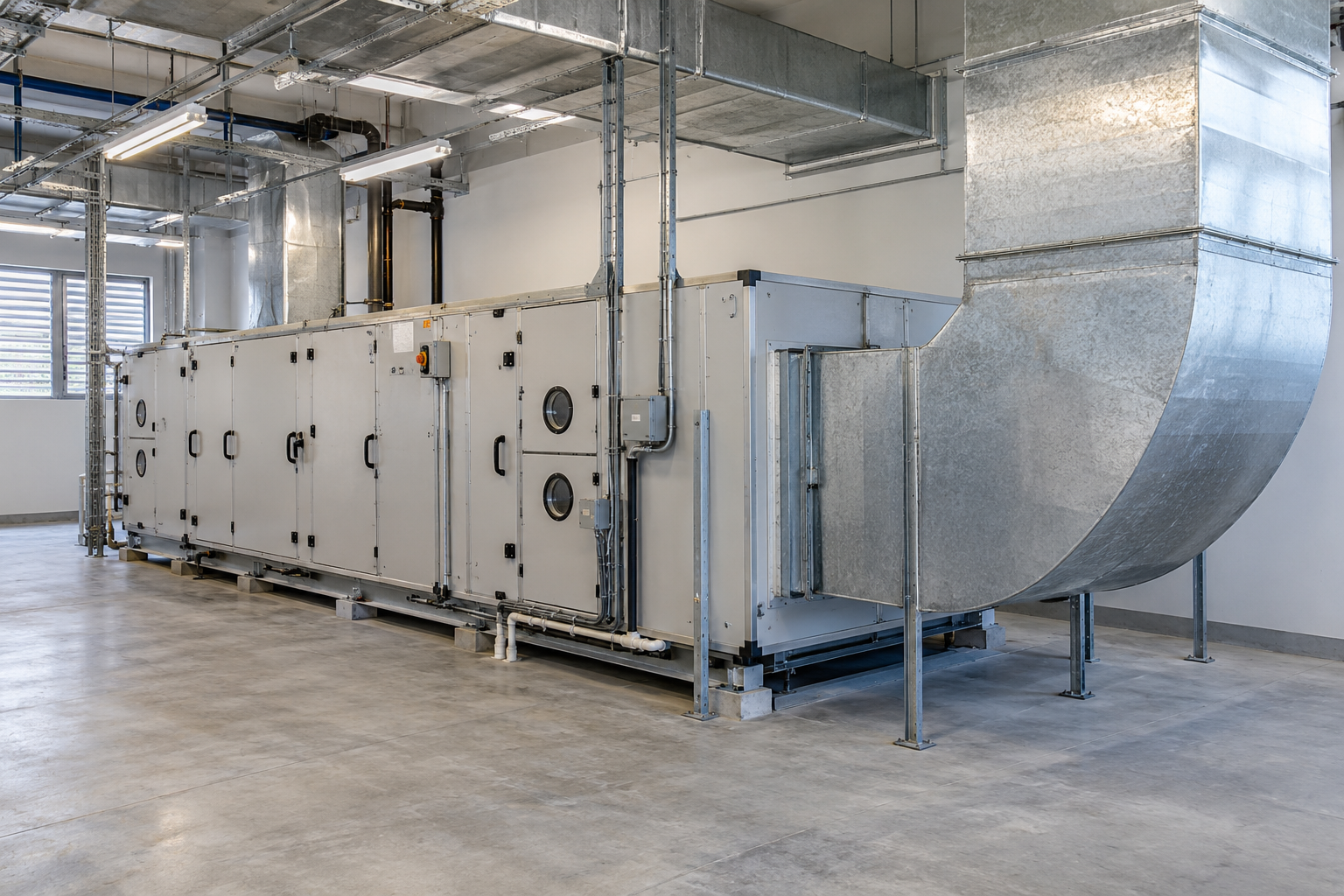 AI-generated illustration of an air handling unit connected to ductwork in a commercial plant room