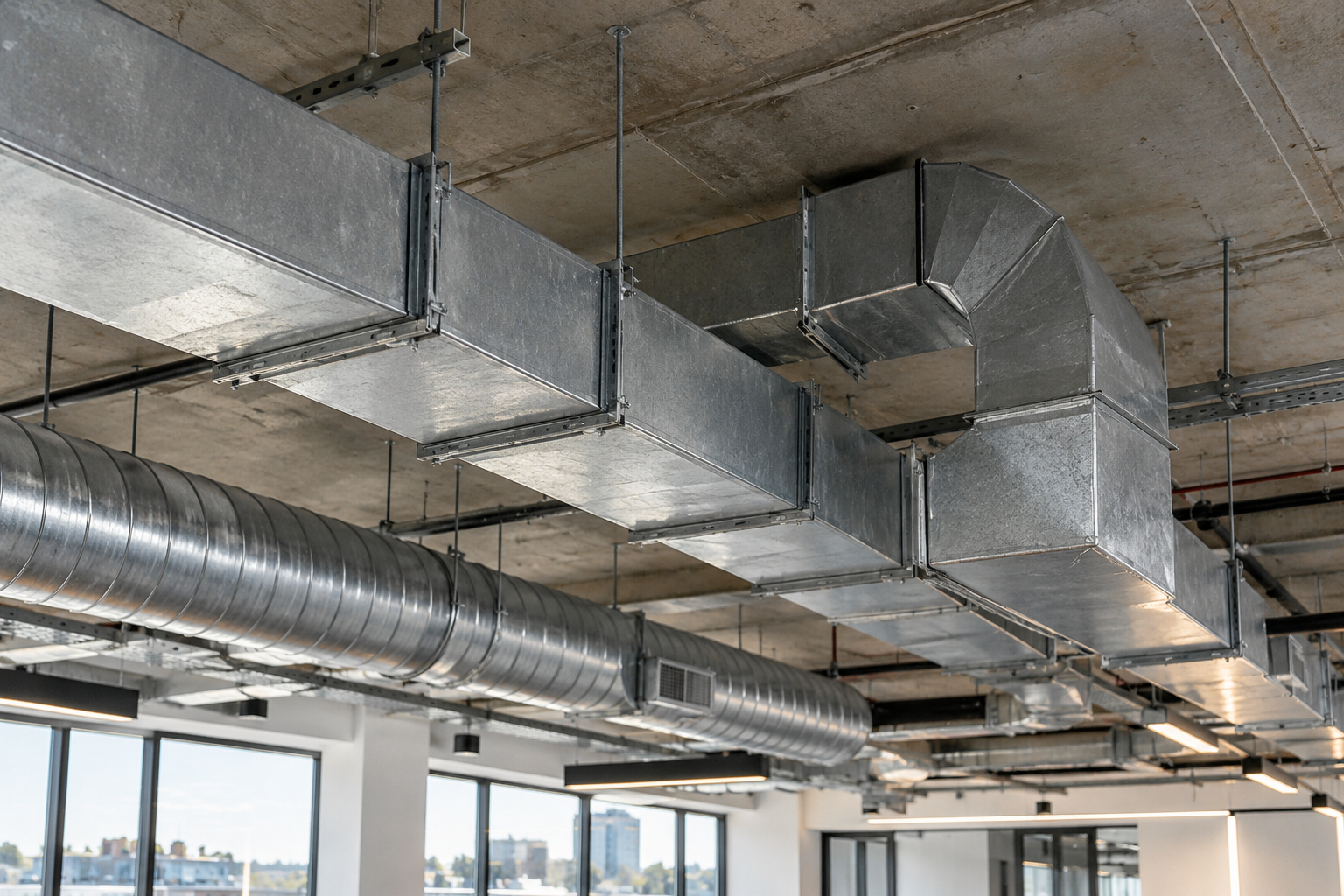 AI-generated illustration of commercial rectangular and spiral ductwork beneath a concrete ceiling