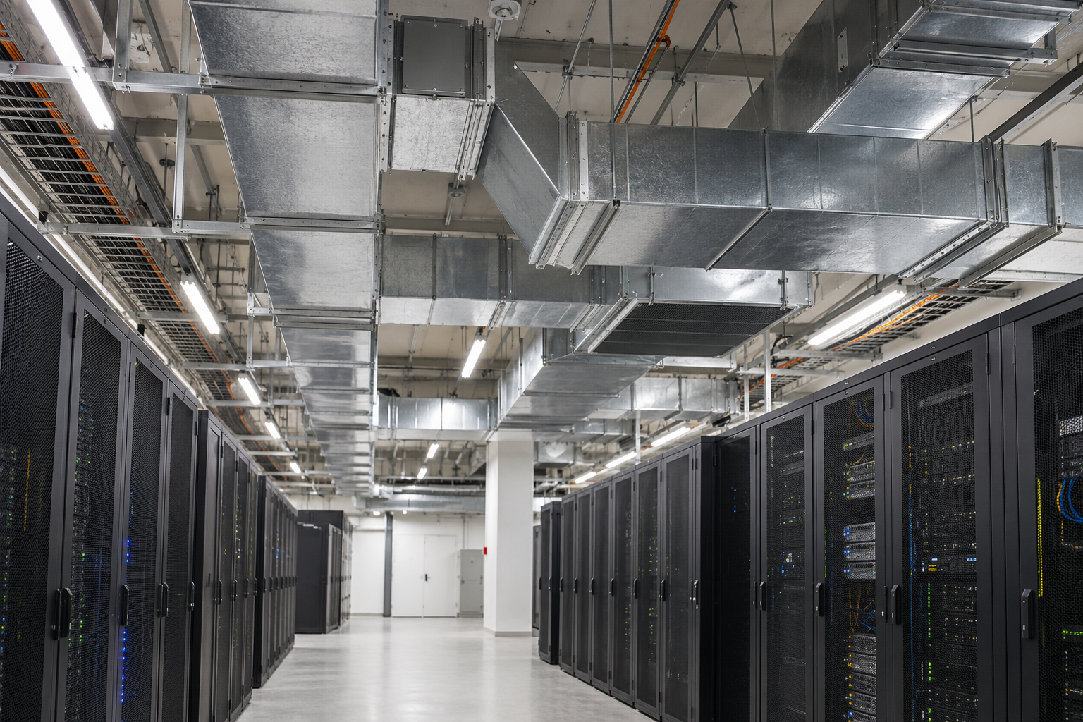 AI-generated illustration of overhead ventilation ducts in a data centre