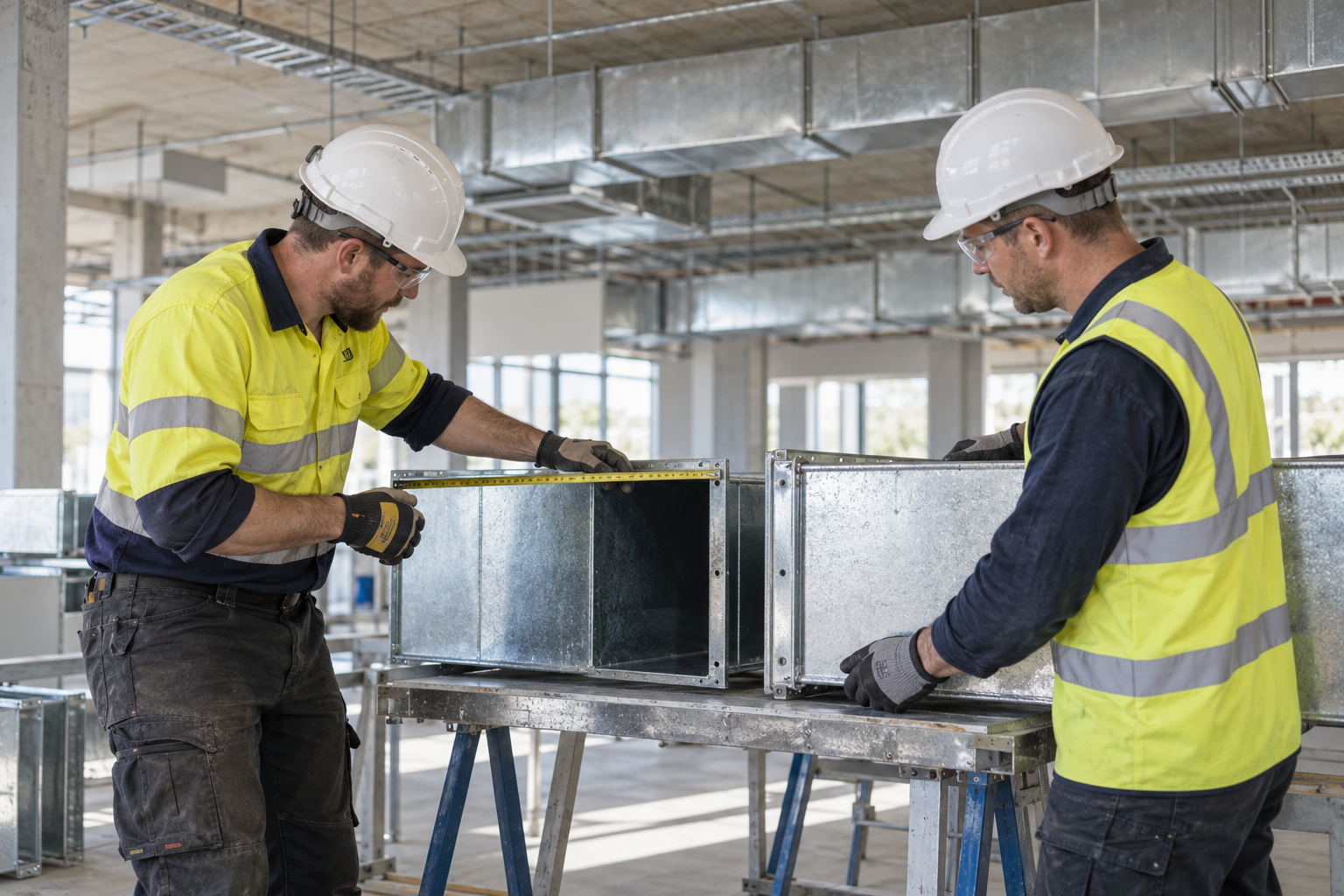 AI-generated illustration of two technicians measuring a ductwork flange on a supported workbench
